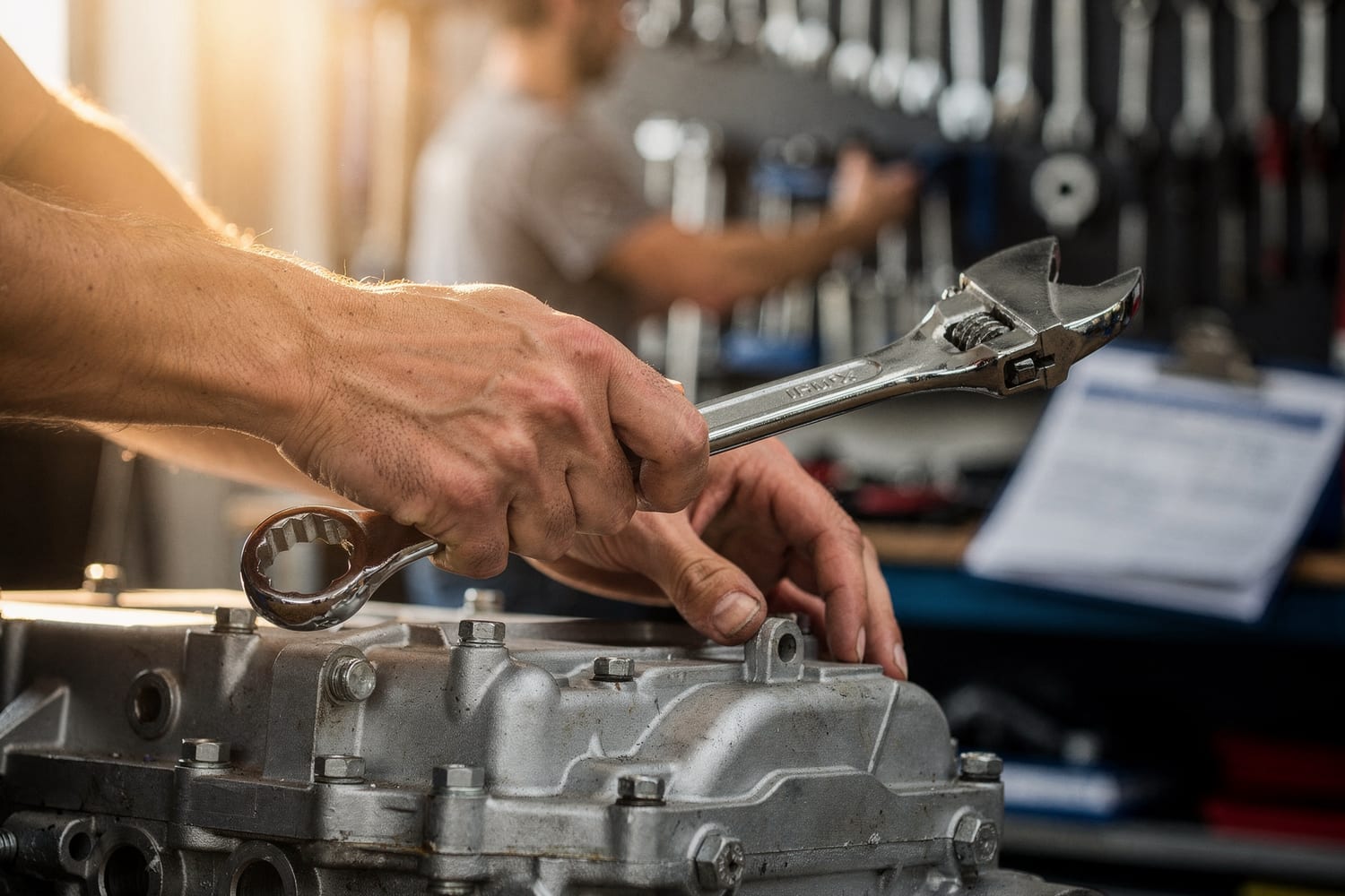 A mechanic's hands working a wrench on an engine component, clipboard nearby